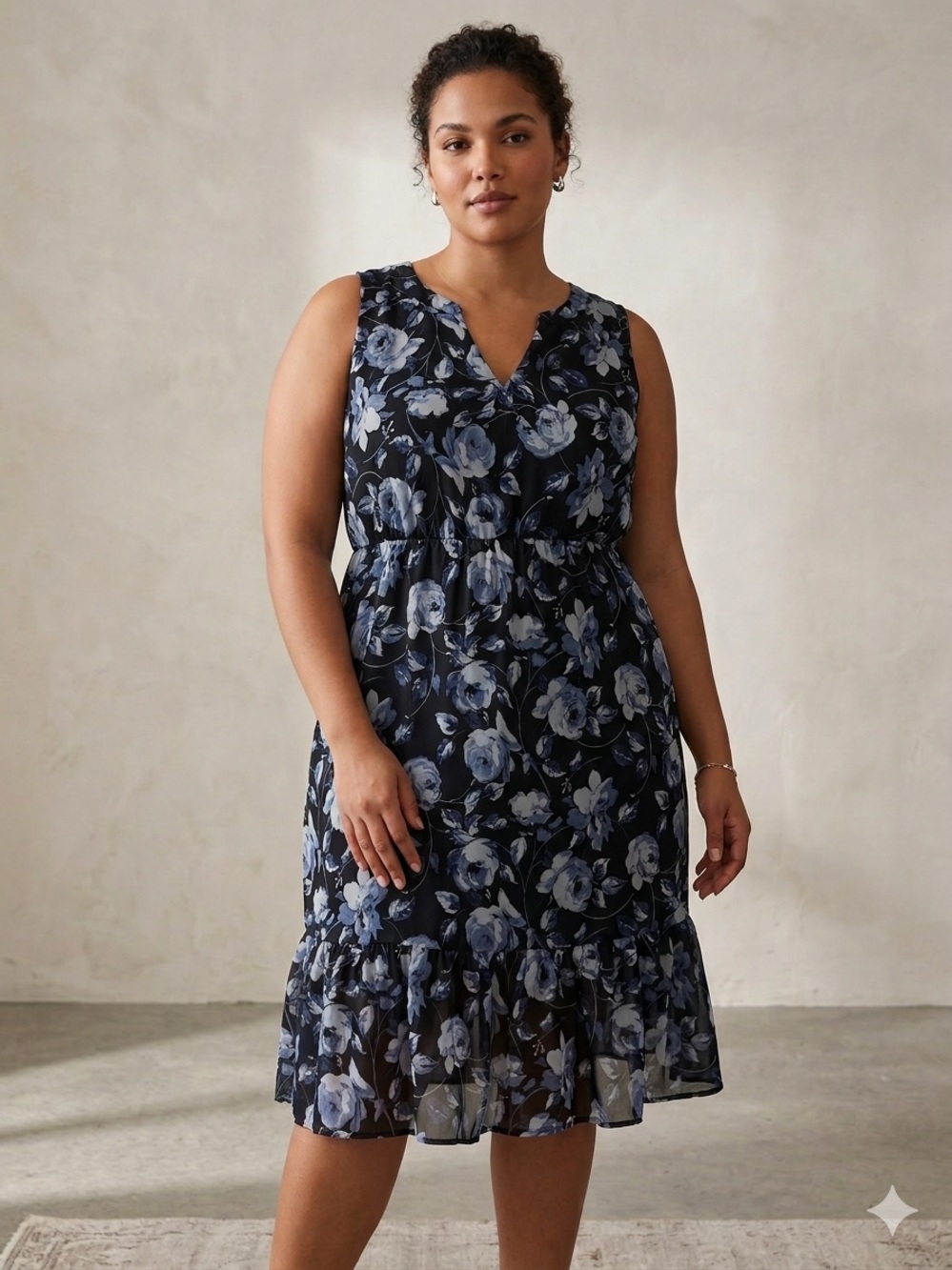 A New Day Women’s Plus XXL Blue Floral Midi Dress Flowy Tiered Ruffle Hemline